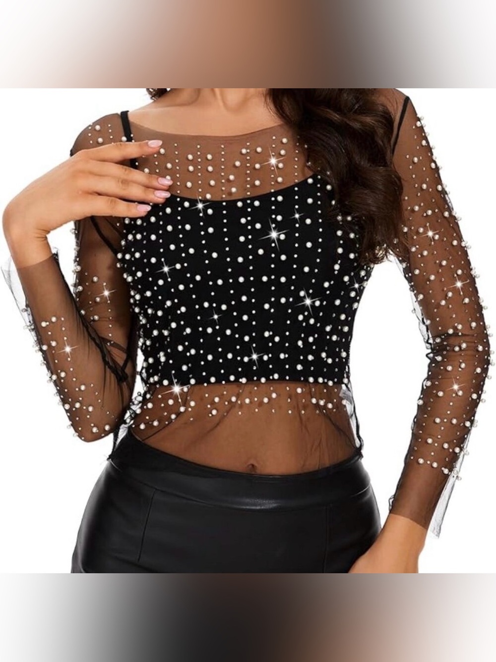 NWOT Women's Sheer Mesh Pearl Rhinestone Top Sexy See Through Black Small